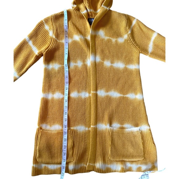 Belle by Belldini Long Yellow Gold Tie Dye Cardigan Sweater with Hood Pockets - Picture 3 of 7
